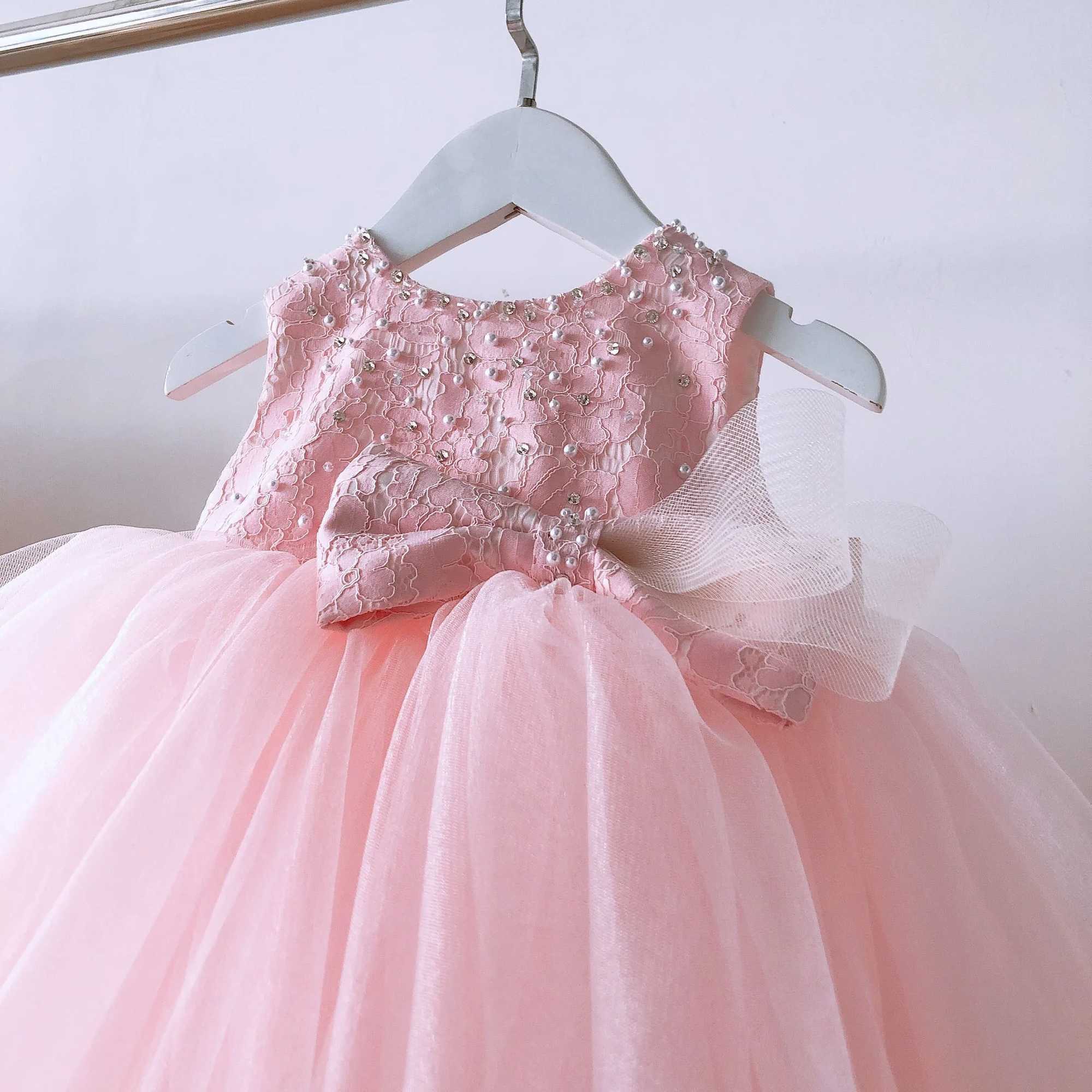 1-Year Baby Girl Birthday Dress Baby Pink Lace Beads Baptist Princess Dress Preschool Girl Wedding Newborn Christmas Dress X250203