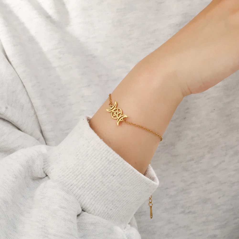 Dara Triple Moon Wiccan Anklet Bracelet Crescent Moon Pentagram Godd Symbol Stainl Steel Bracelet Vintage JewelryXJ250121