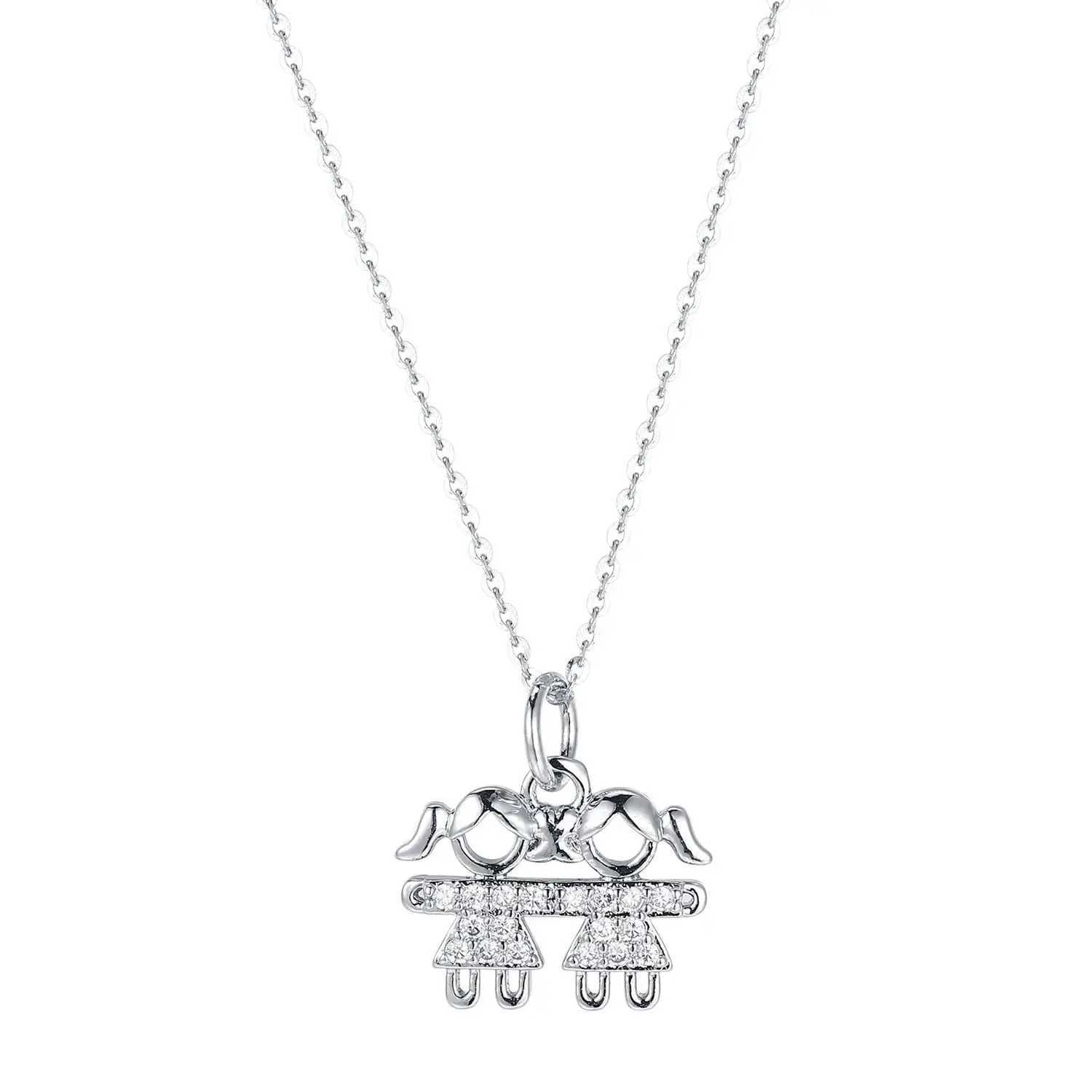 2023 Jan and South Korea 925S Sterling Silver Simple Two Little Girls Set with Diamonds Pendant Collar Chain Junior NecklaceXJ250114