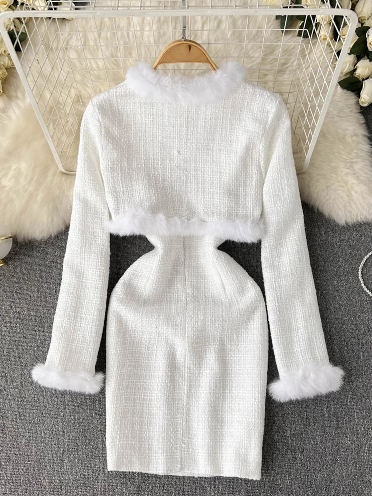 FTLZZ Autumn Winter Women Two Piece Sets Long Sleeve Fur Short Coat and Sexy Spaghetti Strap Bodycon Dress Lady Party Suits 250116