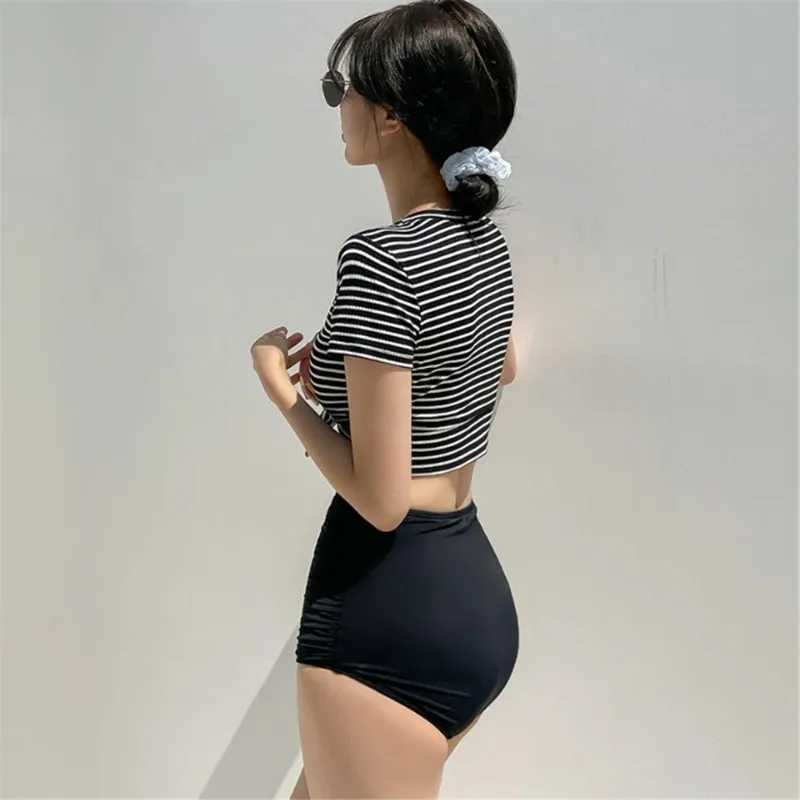 Sexy High Waist Bikini Women Striped Black Swimsuit Short Sve Bathing Suit Push Up Biquini Crop Top Swimwear Tummy ControlXJ250120