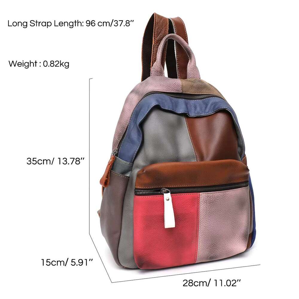 Painted Color Genuine Leather Patchwork Backpack Women Large Capacity Casual Retro Functional Shoulder Bag Knapsack Daily Travel