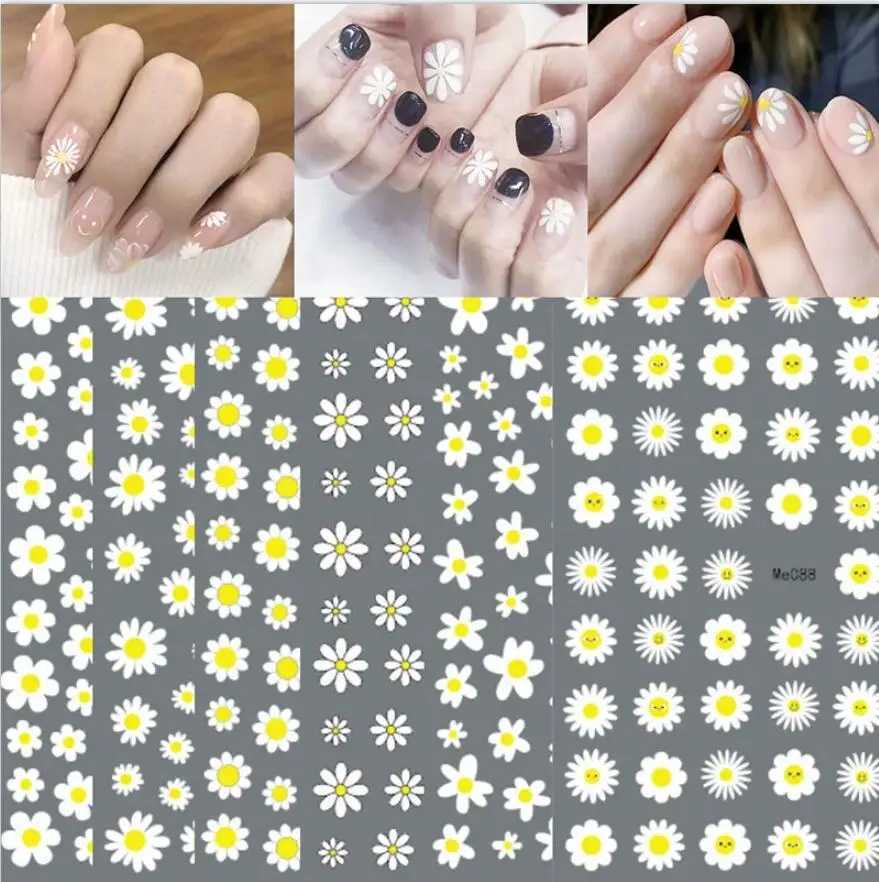 1Pcs Daisy Flowers Nail Stickers White Florals Petals 3D Nail Art Decals Adhesive Sliders Nail Stickers Decoration DIY ManicureXJ250120