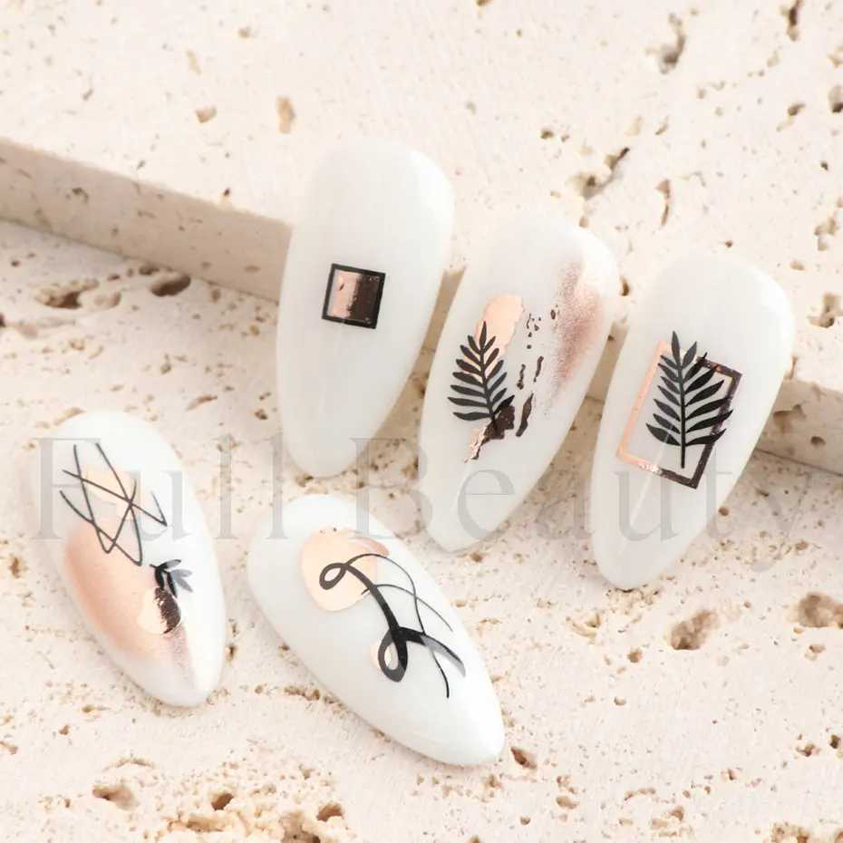 Metal Graffiti Line Nail Stickers Rose Gold 3D Laser Abstract Face Black Bronzing Geometric Leaf Decals Nail Design Decor SliderXJ250120