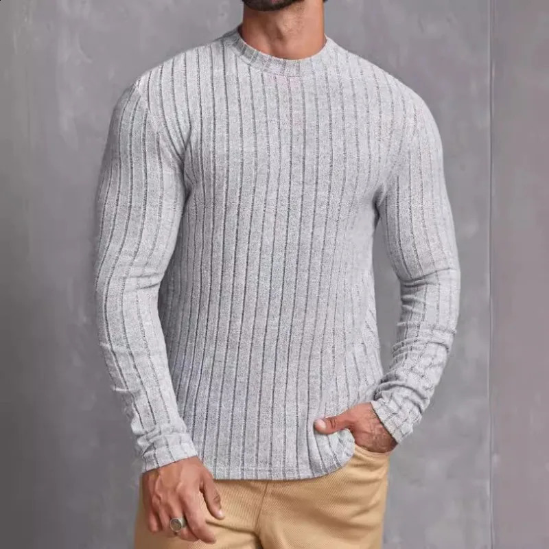 Soft Elastic Fitness Sports Long Sleeve T-shirt Simple Fashion Slim-fit Knitwear Mens Casual Solid Color Striped T-shirt 250117