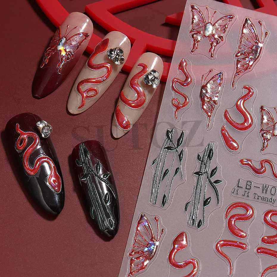 Red Laser Snakes Butterfly 3D Nails Stickers Retro Snakelike Patterns Cool Girl 2025 New Year Nail Decoration Manicure LELB-W081XJ250120