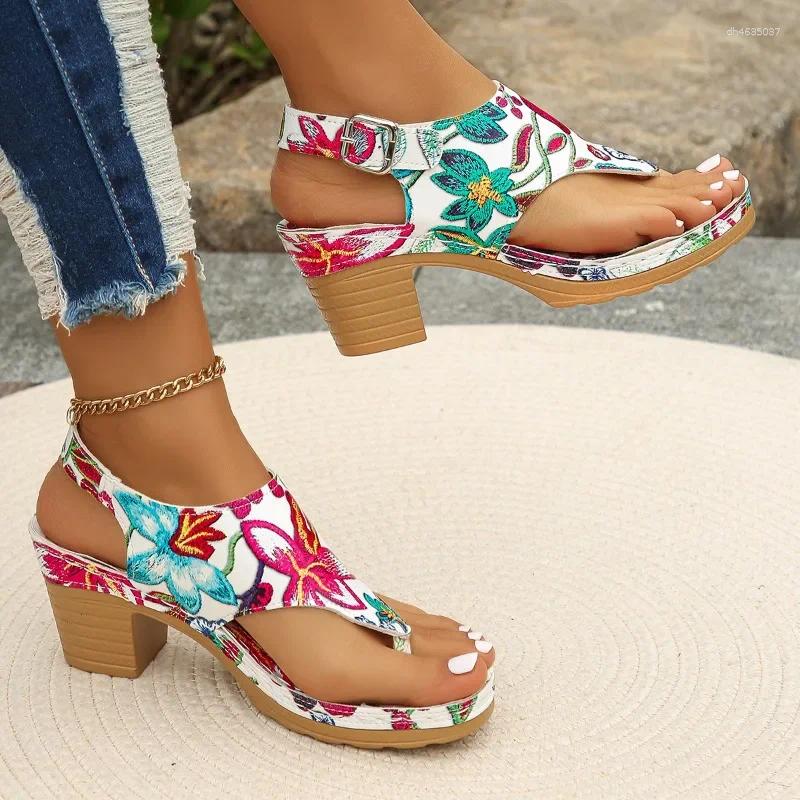 Sandals Women's Shoes 2025 Buckle Strap Fashion Printing Beach Women Summer Plus Size Heeled zhanyishengli