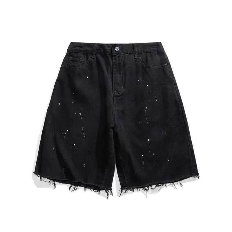 Summer thin splattered ink edge black denim shorts mens trendy American high street loose fit straight leg Capris X250203