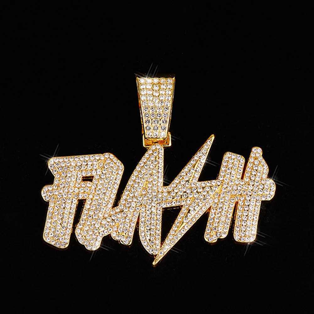 New Hip Hop Flash Lightning Large Letter Pendant Necklace With 13mm Cuban Chain Letters Necklaces For Mens Women Rapper JewelryXJ250121