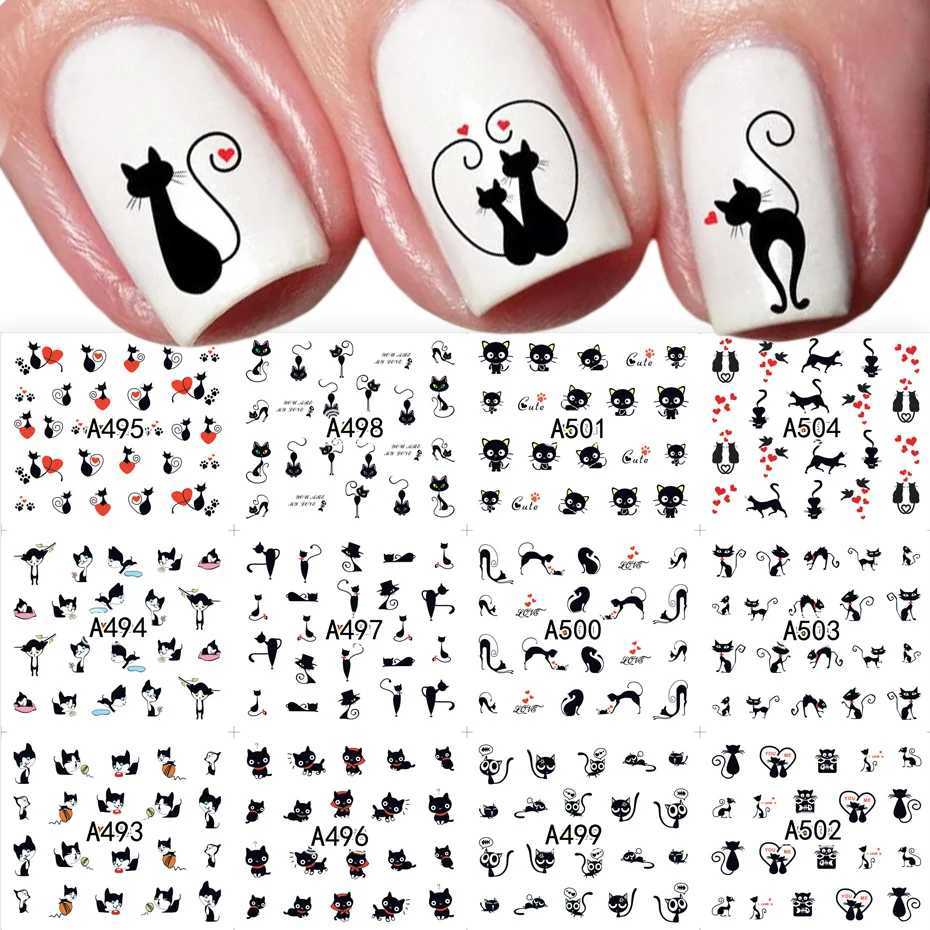 12pcs Black Cat Stickers Nail Decals Love Heart Cartoon Nail Art Water Sliders Tattoo Decorations Valentine Manicure TRA493-504XJ250120