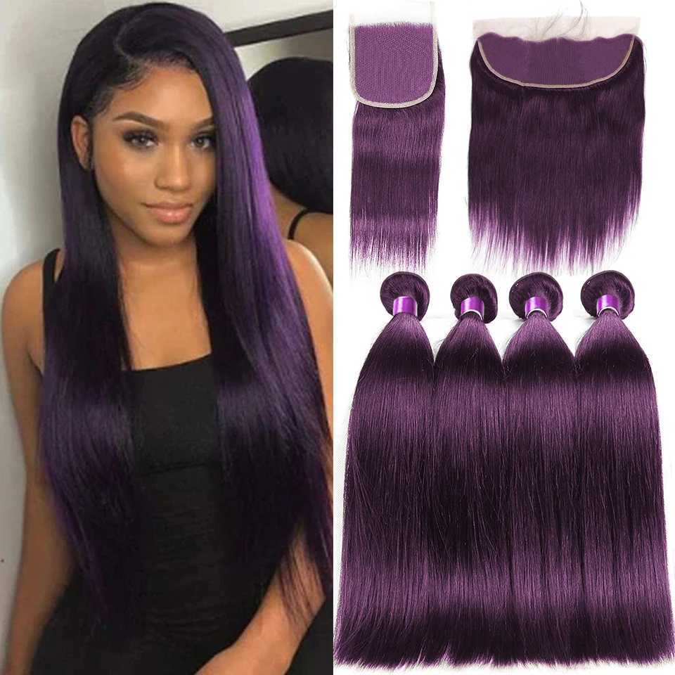 Colored Dark Purple Straight Human Hair Bundles With Clo Lace Clos With Bundles Virgin Hair Weave Bundles With CloXJ250120