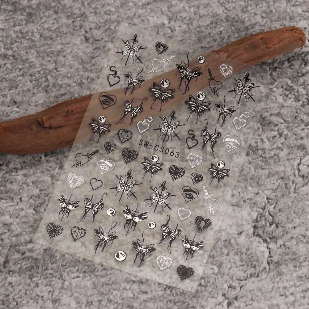 3D Metallic Silver Nail Stickers Butterfly Ink Moon Heart Sliders Charms Lock Dark Black Foils Nail Decor Jewelry Accessory SASWXJ250120