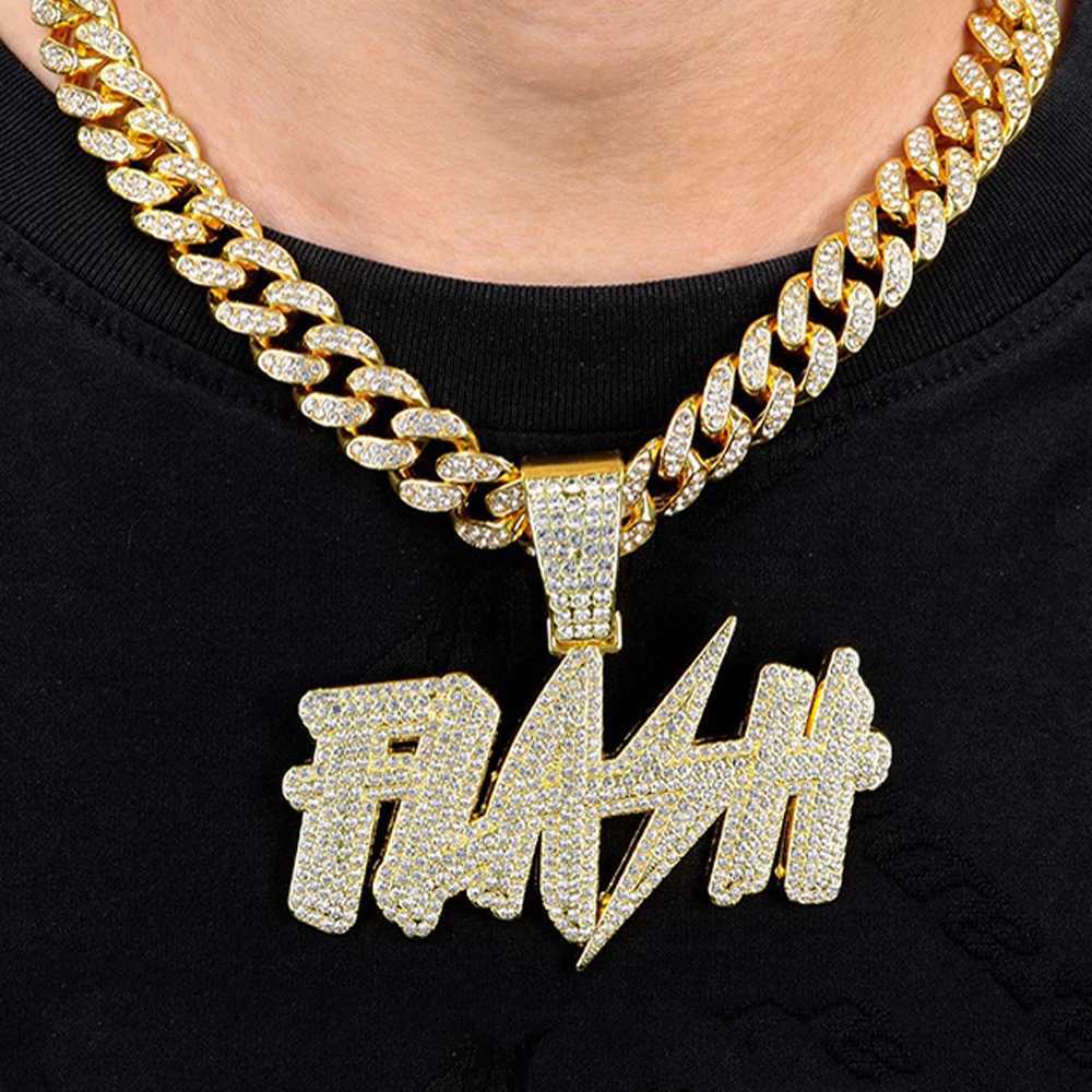 New Hip Hop Flash Lightning Large Letter Pendant Necklace With 13mm Cuban Chain Letters Necklaces For Mens Women Rapper JewelryXJ250121