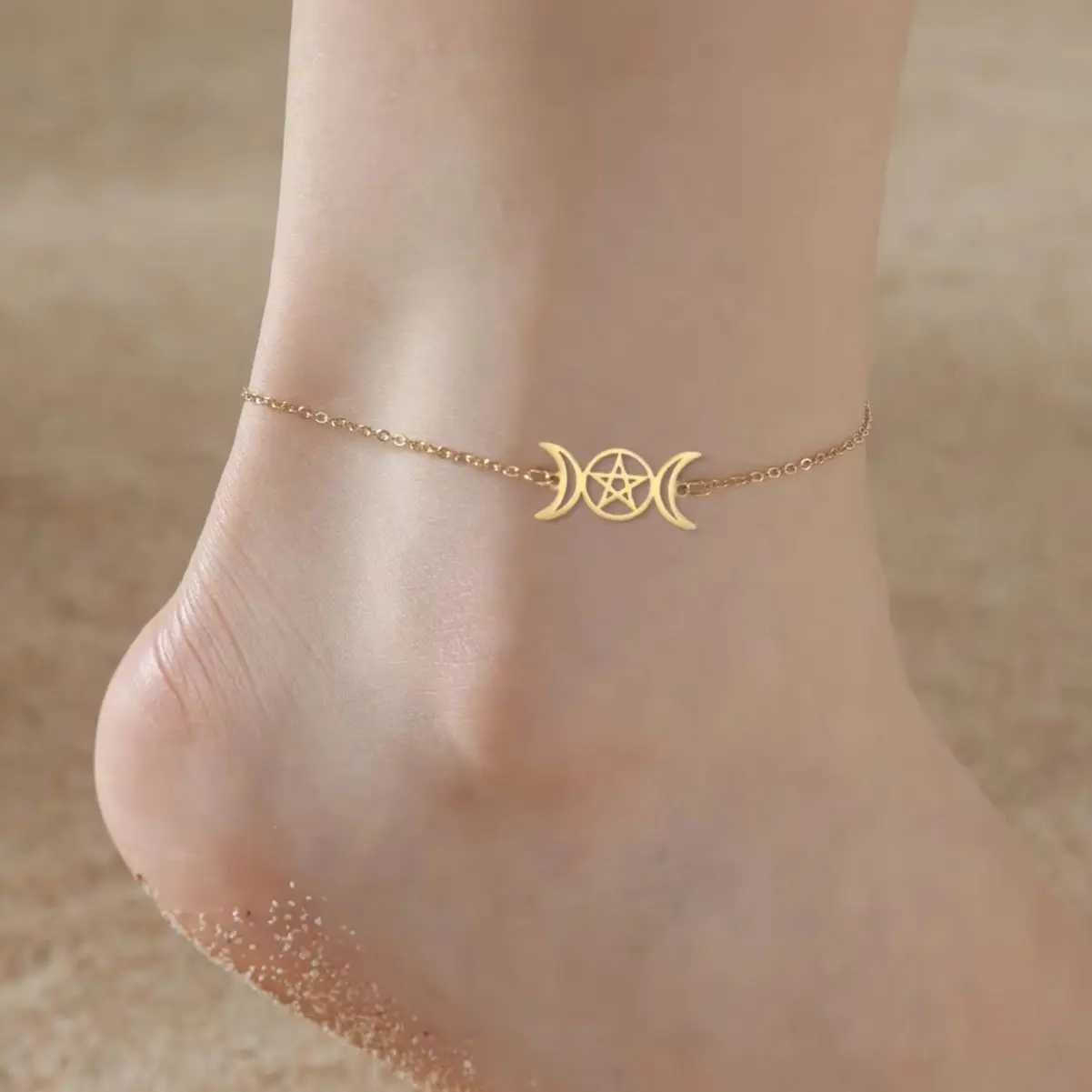 Dara Triple Moon Wiccan Anklet Bracelet Crescent Moon Pentagram Godd Symbol Stainl Steel Bracelet Vintage JewelryXJ250121