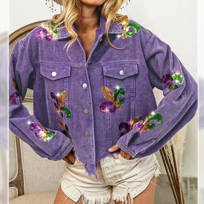 Ral Corduroy Coat Women Mardi Gras Spring Autumn Ropa Cardigan Sequin Punk Gothic Bomber Jacket Windbreaker Y2k Jackets