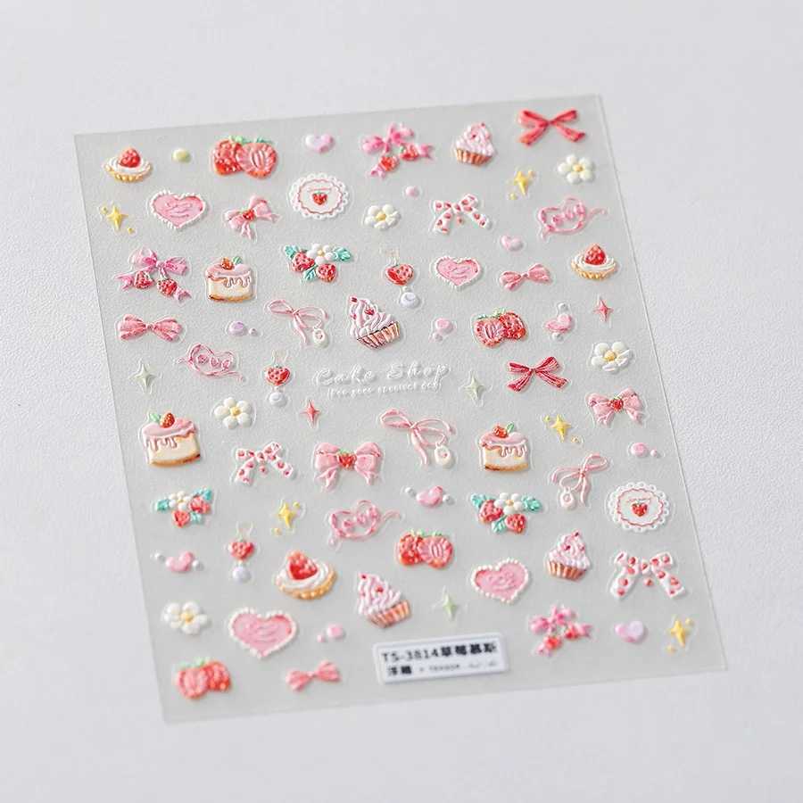 Bowknot 5D Embossed Reliefs Self Adhesive Nail Art Stickers Cute Manicure Decals Lovely Strawberry Muffin Cream Cake Ice CreamXJ250120