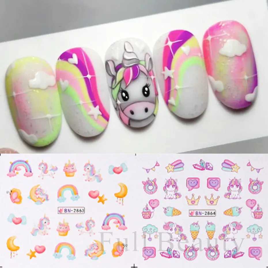 12PCS Cute Unicorn Nail Stickers Rainbow Ice Cream Nail Art Water Transfer Decals Sliders English Letter Decoration Foils TattooXJ250120