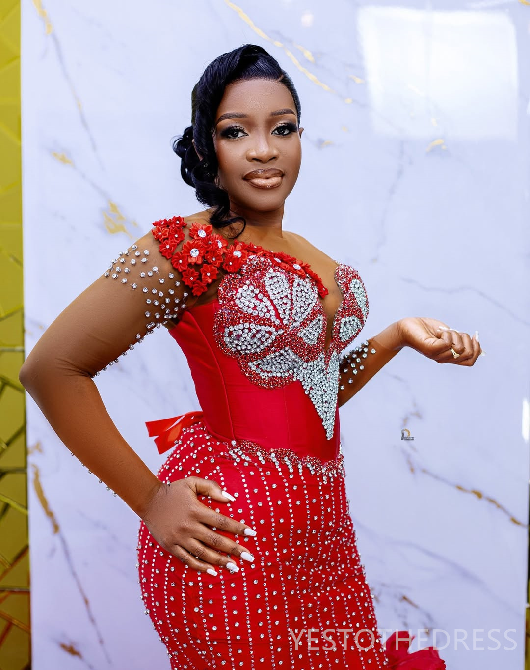 2025 Plus Size Red Aso Ebi Prom Dress Detachable Train Mermaid Evening Gowns Sheer Neck Long Sleeves Beaded Lace Pearls Birthday Dress Second Receptio