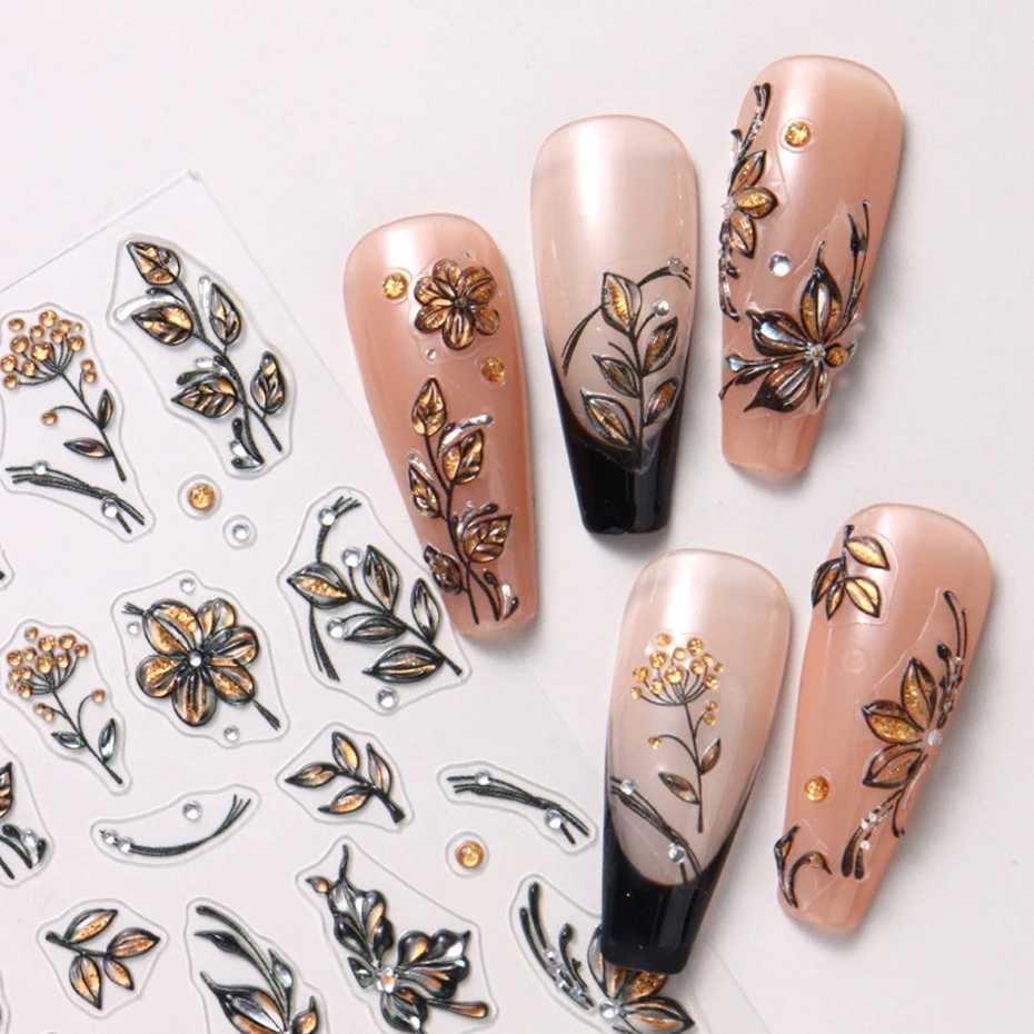 5D Black Gold Flowers Nail Art Stickers Shiny Glitter Petals Autumn Leaves Nail Decals Watercolor Floral Adhesive Manicure DecorXJ250120