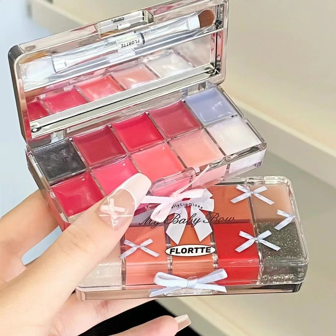 FLORTTE Peng Princess Jelly Lip Gloss Ten Color Toned Lip Frozen Plate Red Lip Glaze Palette 250108