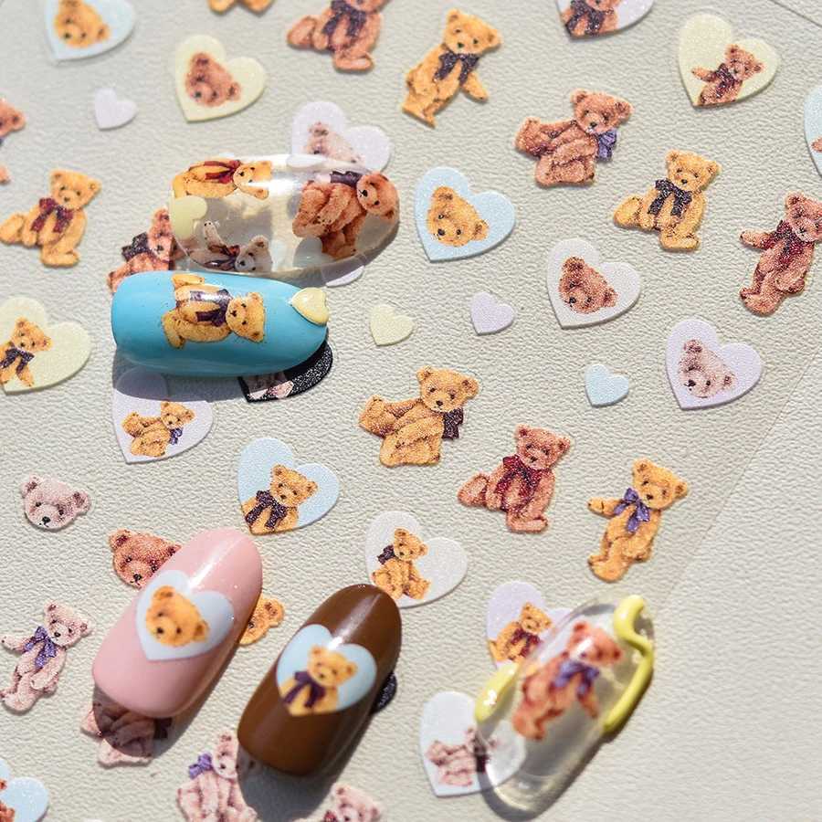Cute Love Heart Bear Cream Cake Bread Flower Bowknot Cartoon Bunny Embossed Relief Self Adhesive Nail Art Sticker Manicure DecalXJ250120