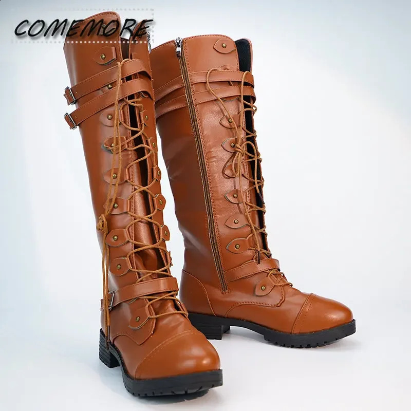 Women Knee High Boots Autumn Winter Lace Up Flat Shoes Sexy Steampunk PU Retro Buckle Woman Footwear Ladies Snow Platform 250117