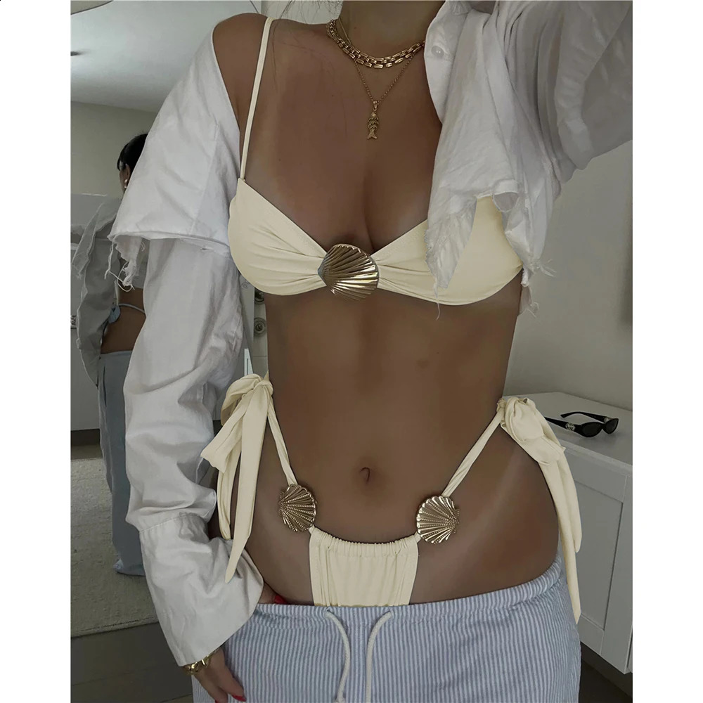 Push Up Bikinis Women Swimsuits Swimwear Sexy Shell Brazilian Bikini Set Thong Bikini Bathing Suit Solid Beachwear 250118