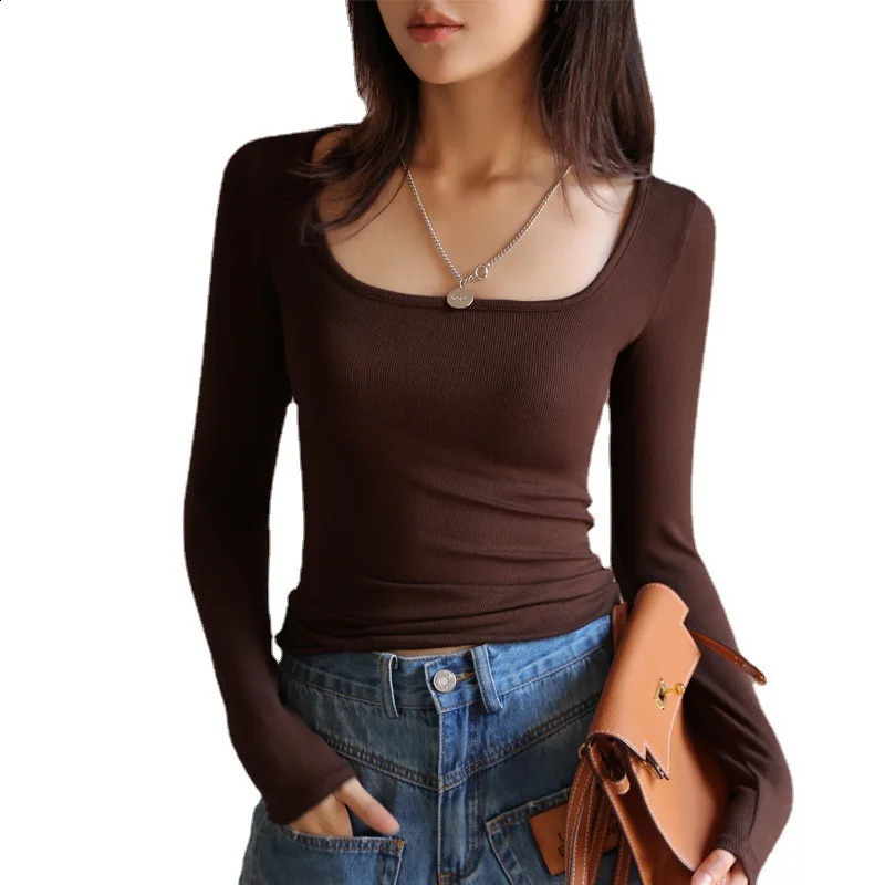 Slim Modal Cropped Square Neck Top Women Long Sleeve T Shirts Essentials MXL 250122