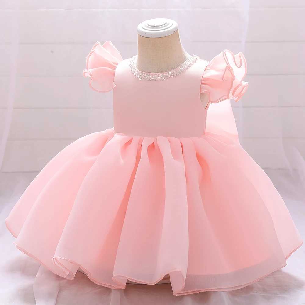Summer Pink Cool kids Clothes Beading First Birthday Dress Baby Girl Ceremony Ball Gown Bow Princess Party 3 6 Months Dresses X250203