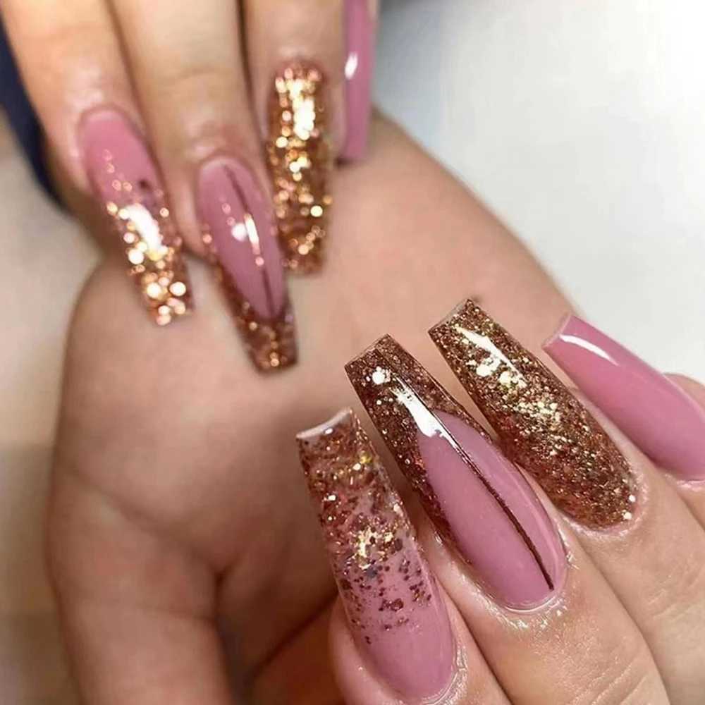 Pink Cow Design False Nail French Full Cover Long Coffin Fake Nails Glue DIY Manicure Nail Art Tools press on nails nail tipsW250120