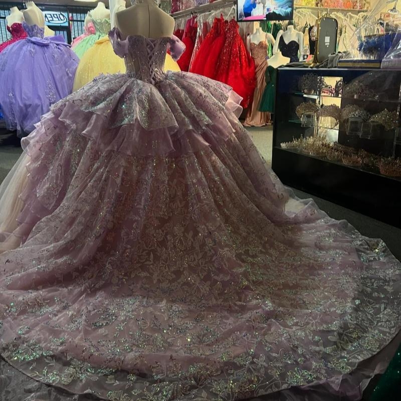 Light Lavender Quinceanera Dresses Ball Gown Off The Shoulder Sequin Applique Lace Beads Tull Party Birthday Sweet 16 Dress Vestidos 15 Anos