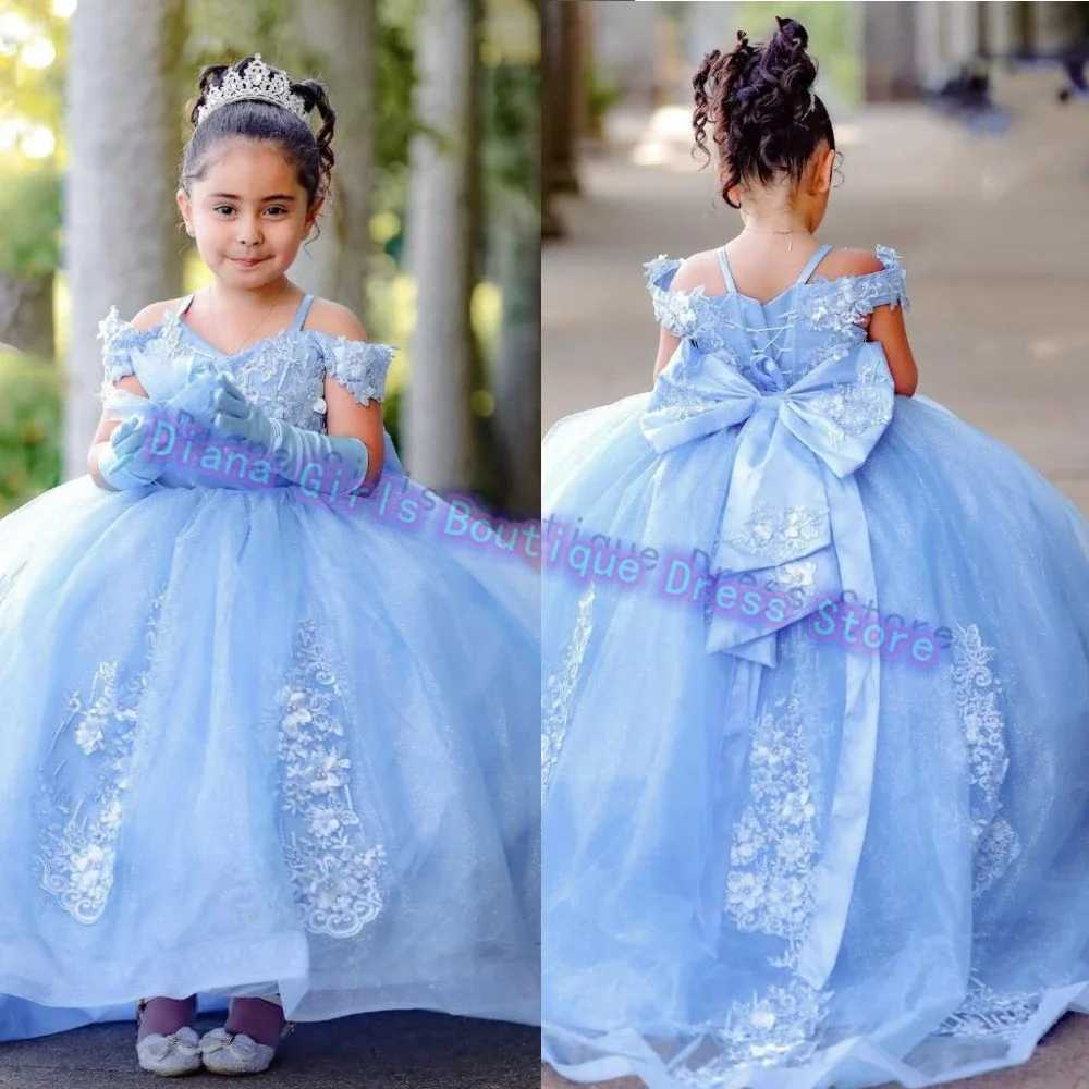 Elegant blue flower girl wedding dress with floral stickers thin gauze bow party childrens birthday dress Pageant Robe Holy First Communion dress X250