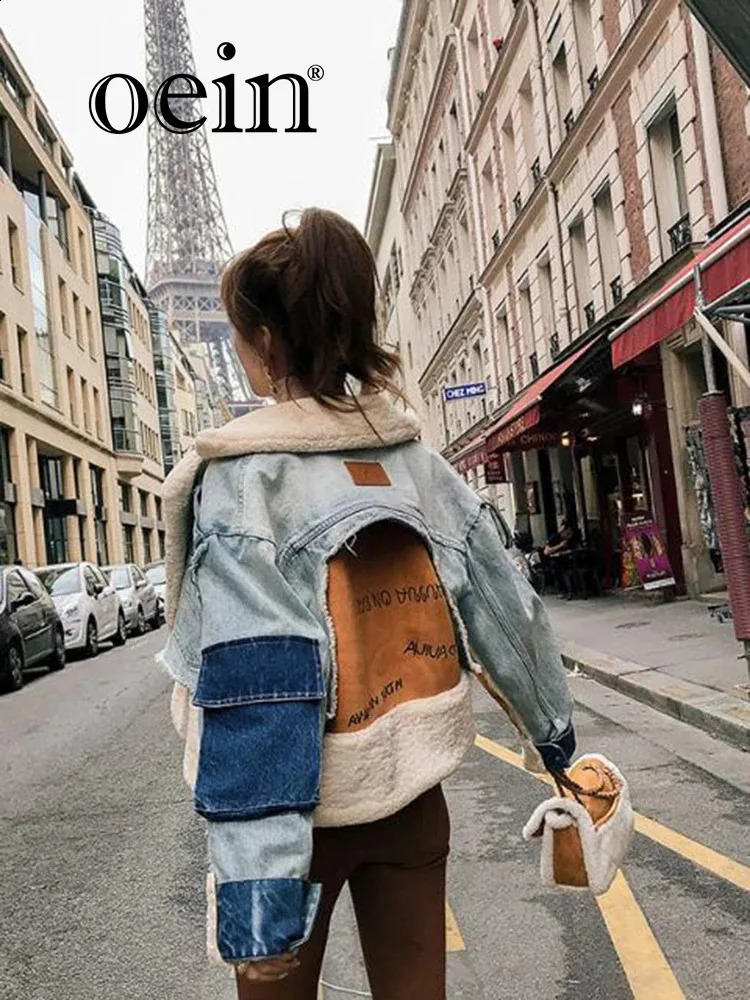 oein Denim Jacket Womens European Style Plush Personalized Lamb Wool Lapel Thickened Top Heavy Work Stitching 250121