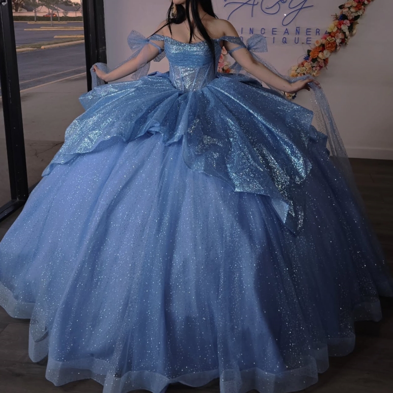 Sky Blue Shiny Quinceanera Dresses Ball Gown Off Shoulder Beads Bow Tull Corset Birthday Party Sweet 16 Dress Vestidos 15 De Anos