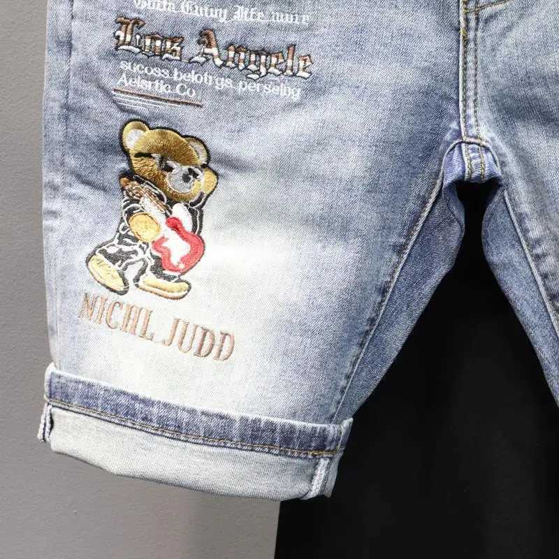 Summer Casual Denim Jeans Shorts Mens Knee Length Embroidered Bear Pattern Luxury Classic Cowboy Short Boyfriend Pants for Men X250203