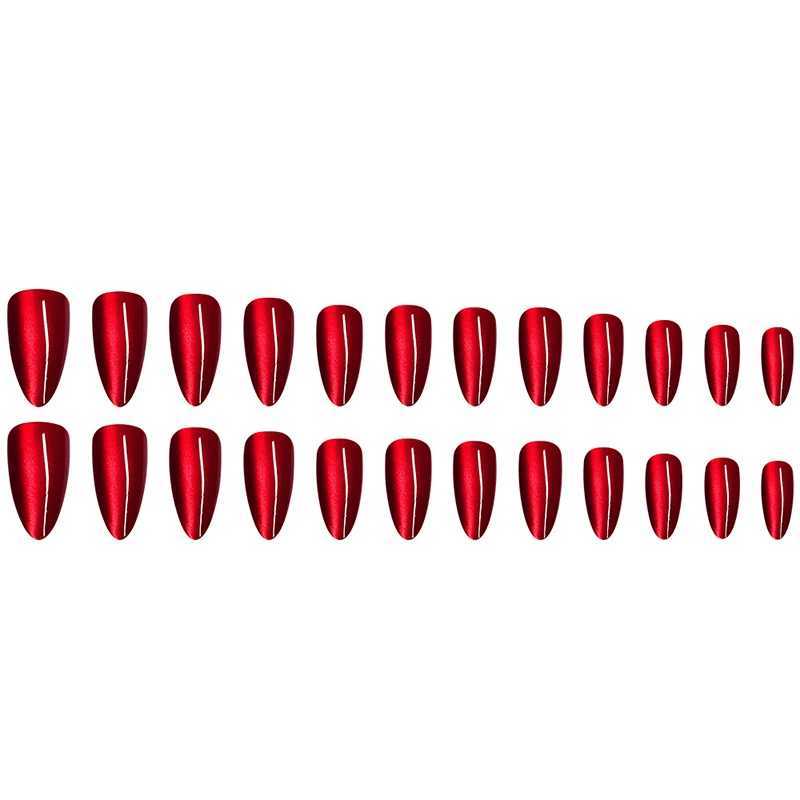 24 sparkling red cat magnet fake nails are fashionable and detachable. The fake nails are pressed onto the nails and decorated with adhesive treatment