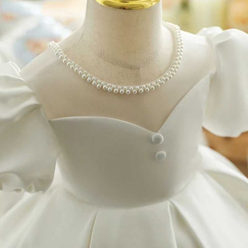 Baby Girl Princess Pearl Neck Dress Puff Sleeve Infant Toddler Child Vintage Dress Party Pageant Birthday Baptism Frocks 1-12Y X250203