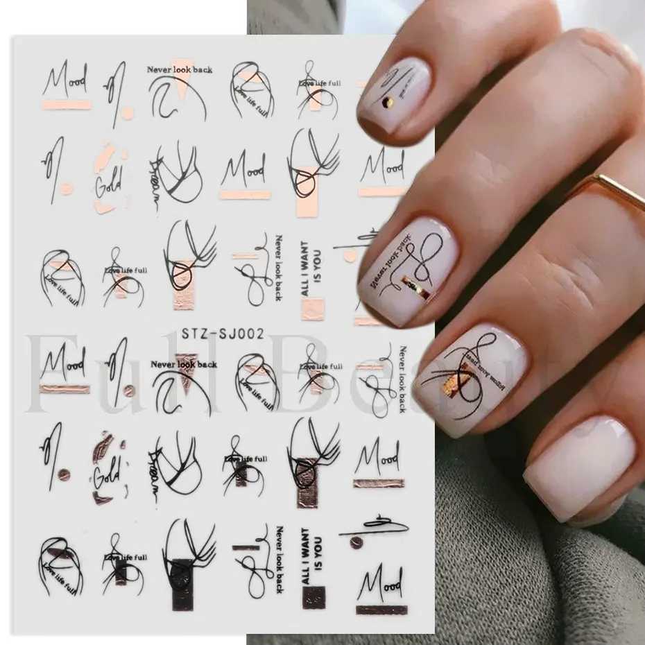 Metal Graffiti Line Nail Stickers Rose Gold 3D Laser Abstract Face Black Bronzing Geometric Leaf Decals Nail Design Decor SliderXJ250120