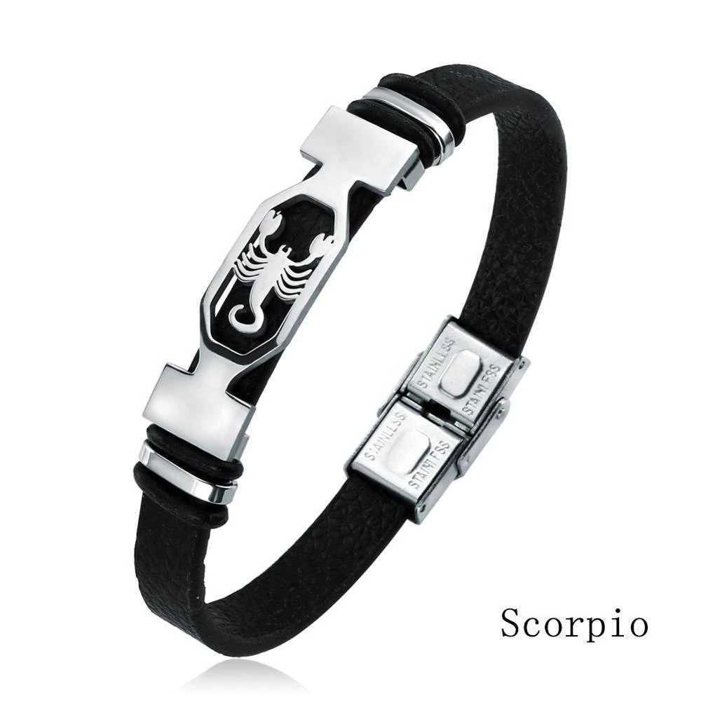 12 Constellation Stainless Steel Cuff Bracelet Men Women Zodiac Sign Black Leather Wrap Bracelet Jewelry Mens Bracelet W250121