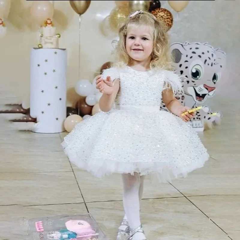 Summer Baby Girl 1st Birthday Party Wedding Dress For Girls Clothes white feather beaded sequin Princess Baptismal kids Dress X250203