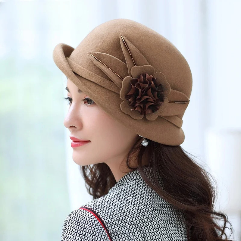 Women Winter 100% Wool Hat Mother Warm Felt Fedora Female Party Formal Asymmetric Cloche Cap 250118