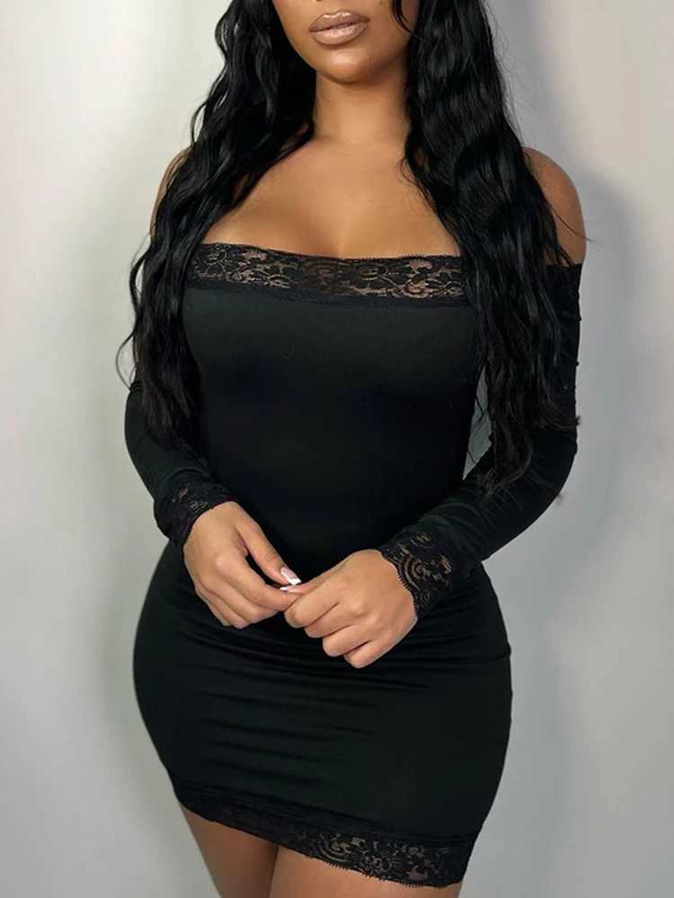 Solid Slim Lace Trim Off Shoulder Long Sve Black Short Dress Women Ele Sexy Party DressesXJ250115