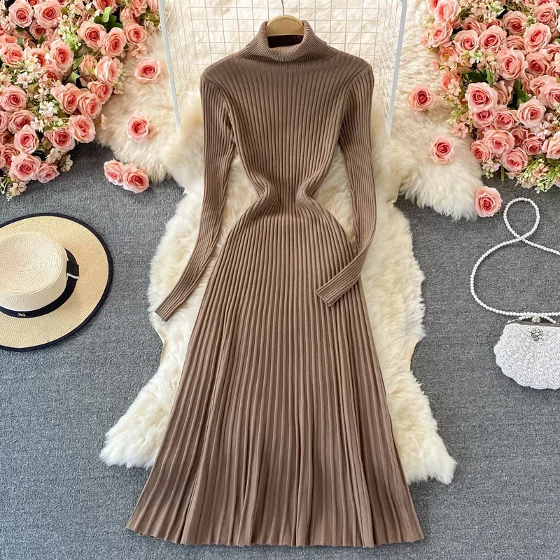 REALEFT Autumn Winter Turtleneck Womens Knitted Dresses Long Sleeve Solid Casual A-Line Pleated Dresses Female 250122