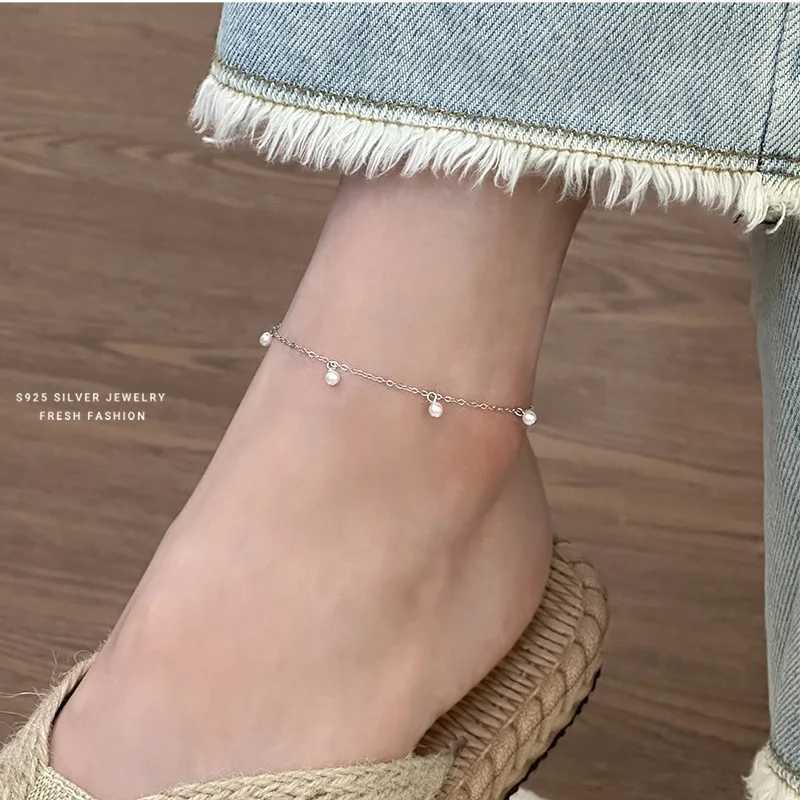 925 Sterling Silver Shell Pearl Tassel Anklet for Women Korean Exquisite Elegant Summer Foot AccoriesXJ250121