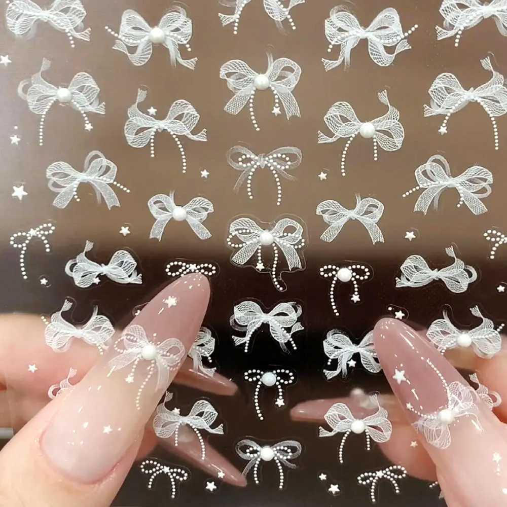 1PC 5D Embossed White Lace Bow Nail Art Stickers Cute Pink White Ribbon Bow Tie Nail Sliders Kawaii Bow Manicure Accessories TY9XJ250120