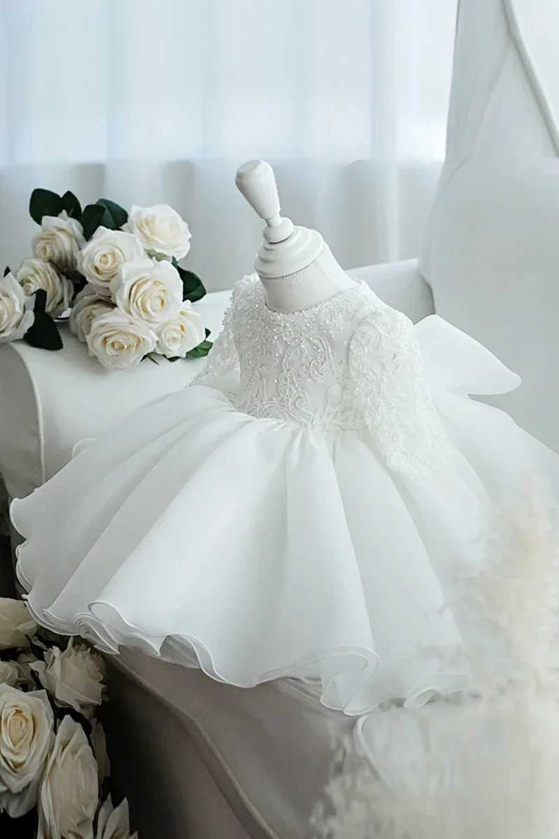 Sparkling White No.1 Birthday Dress for Girls Baptist Dress Grid Princess Party Ball Dress Baby Dress Long Sleeve Newborn X250203