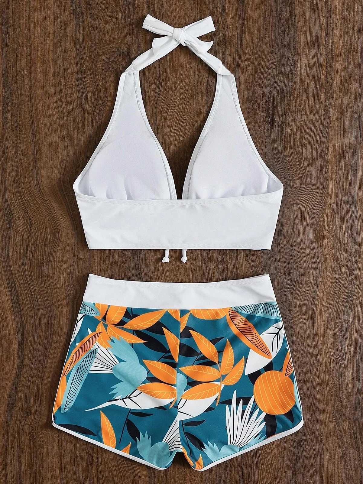2Pcs/Set Bikinis Set Bowknot Decor Floral Print Bikini Backless Halter Bra High Waist Beachwear Fe Beach ClothingXJ250120