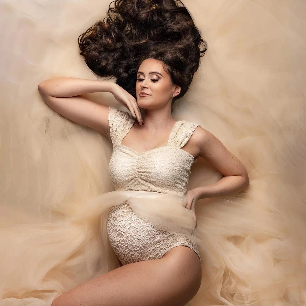 Maternity Pography Dresses Pregnancy Lace Bodysuit Tulle Long Sides Slit With Flying Dress Pregnant Woman Po Shoot Outfit 250114