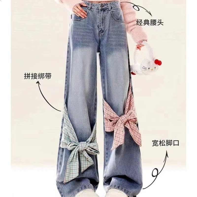American retro gothic checkered patchwork women jeans with bow tie and loose bandwidth Y2k streetwear wide leg pants 250121
