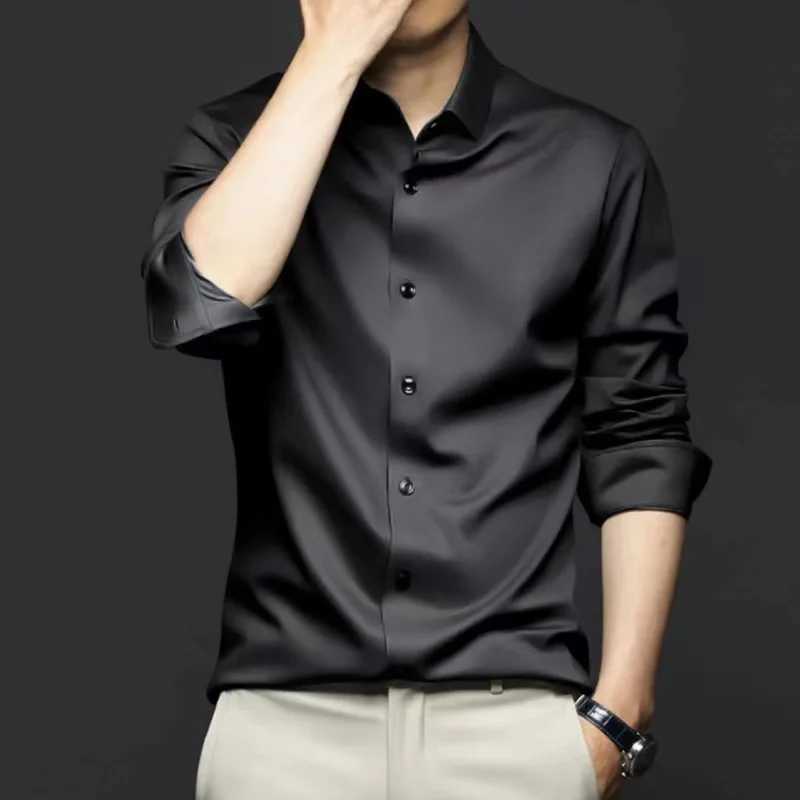 Large 5XL Mens Dress Shirts Long Sleeve Spring Autumn Solid Ice Silk Non Iron Business Blue White Blue Formal Male ClothingXJ250121